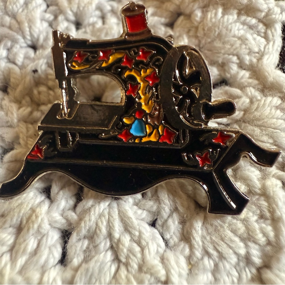 Enamel Sewing Machine Pin with Red & Yellow Accents